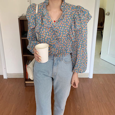 French Retro Floral Blouse Women Wood Ear Shirt Women - ROUTINE FASHION